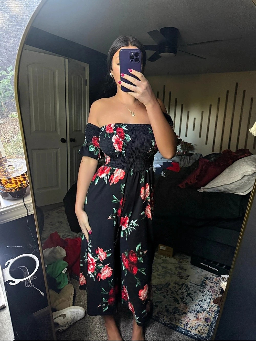 Vine & Love Floral Off-Shoulder Jumpsuit in Black & Red Like New - Picture 3 of 6